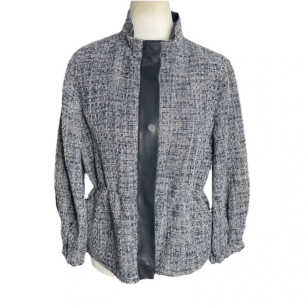 DONNA KARAN BLACK LABEL Tweed Peplum Jacket Zip Up Navy Blue‎ Medium